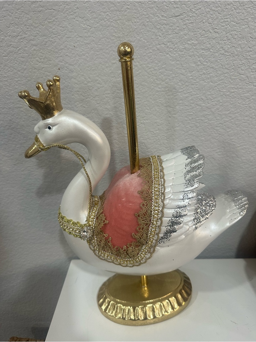 Gold & White Swan Holiday Decor with Pink Saddle